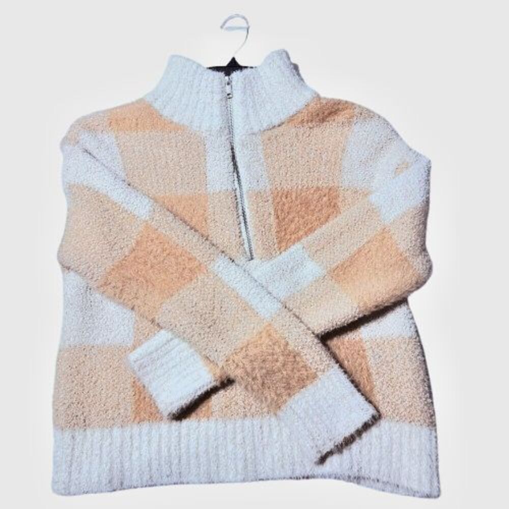 No Boundaries Womens Tan & White Plaid 1/2 Zip Cropped Sweater Size XL